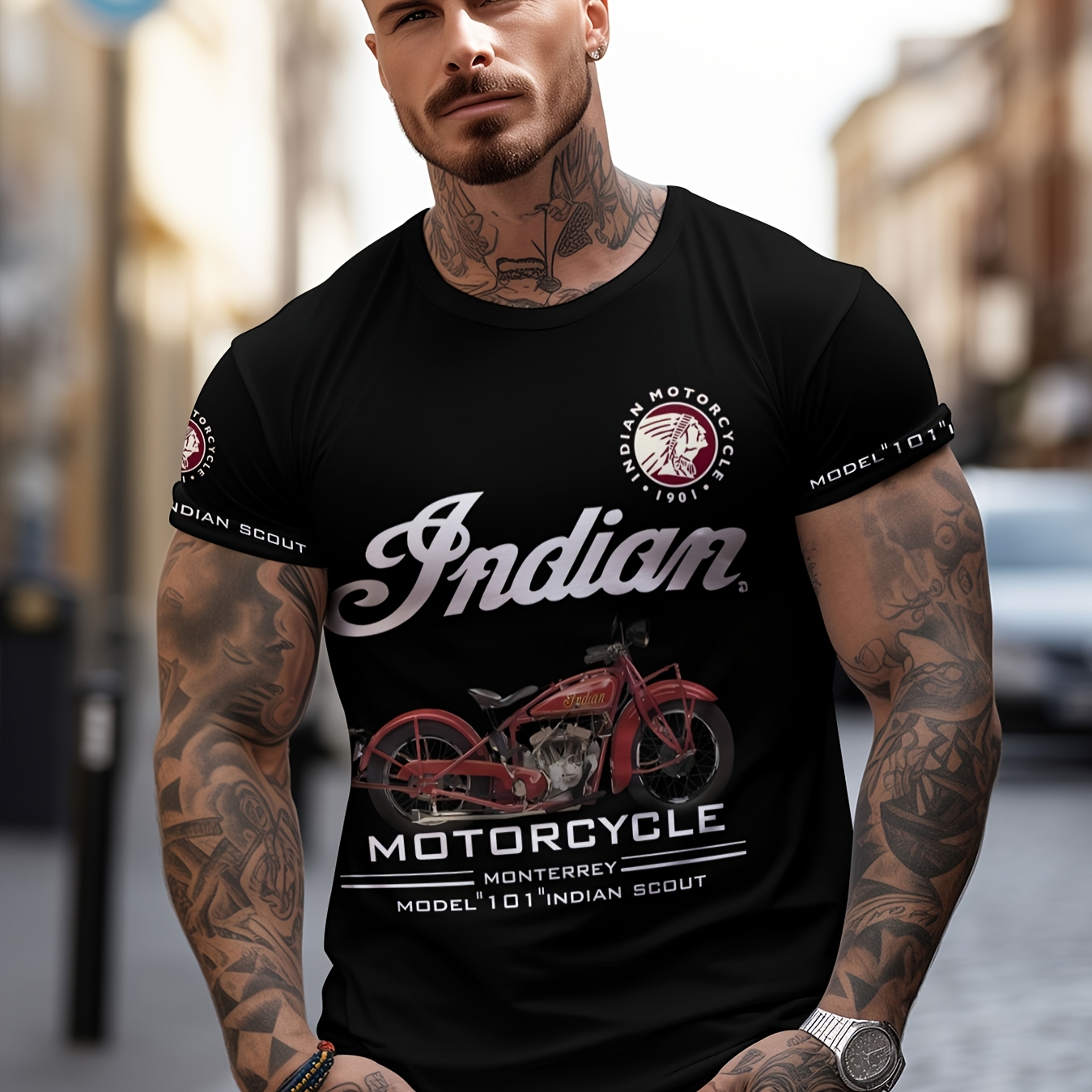 

Men's Graphic Tee - 3d Printed, Vintage- With " Motorcycle" & "est. 1977" , Casual Black Short Sleeve T-shirt For Outdoor Activities