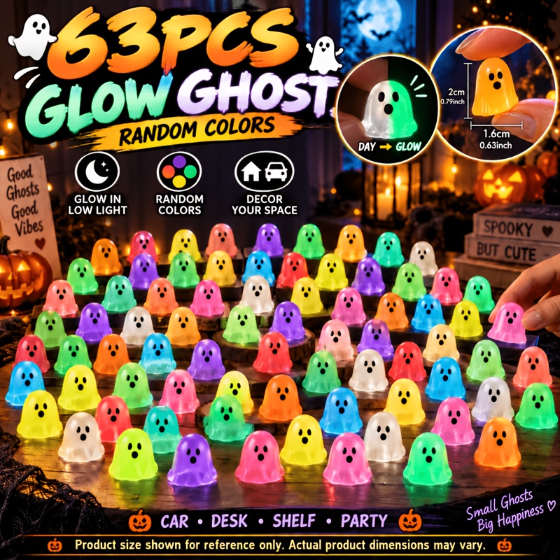 TEMU 63pcs Glow In The Dark Ghost Figurines, Random Halloween Car Dashboard Decorations, Cute Spooky Ghost Decor For Desk, Shelf, Home, Office, Party
