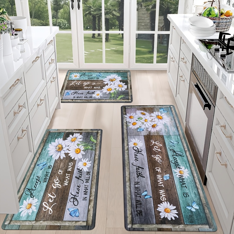 

2/3pcs Set Mats, Daisy And Printed Flannel Area Rugs, Stain Resistant Non-slip Lightweight Machine Washable Polyester Knit For Bedroom, Living Room, Dining, Kitchen, Bathroom, Entryway