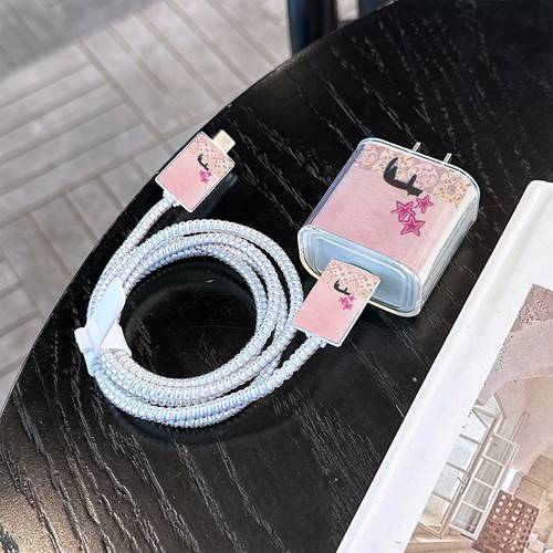 phone case 6pcs black cat pink floral tile pattern phone case pattern and charger head cover and cable protector and storage rope and data cable protector rope wrapping rope anti drop protective case phone case suitable for iphone