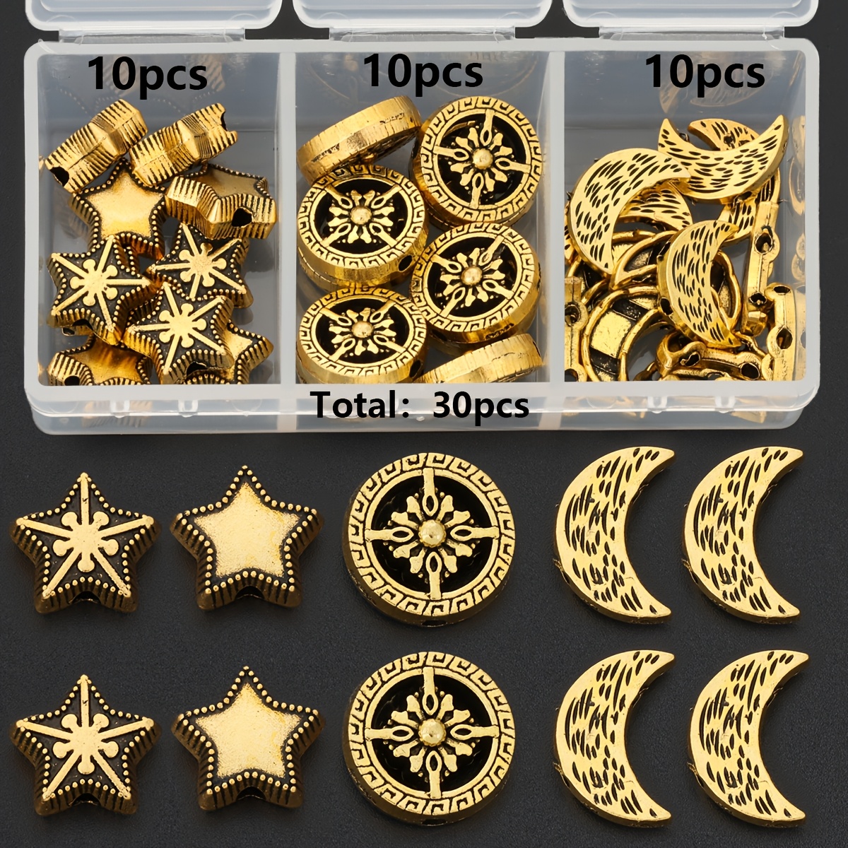 TEMU 30pcs/Boîte Ensemble de Perles d'Espacement Dorées Anciennes Étoile Creuses Rondes Perles d'Espacement de Texture 3D Trou Perles Libres Perles