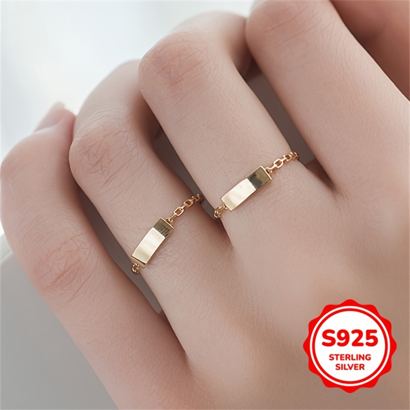 

0.78-1g S925 Silver Simple Elegant Fashionable Geometric Golden Rectangular Chain Women's Ring Girlfriend Friend Jewelry Birthday Gift