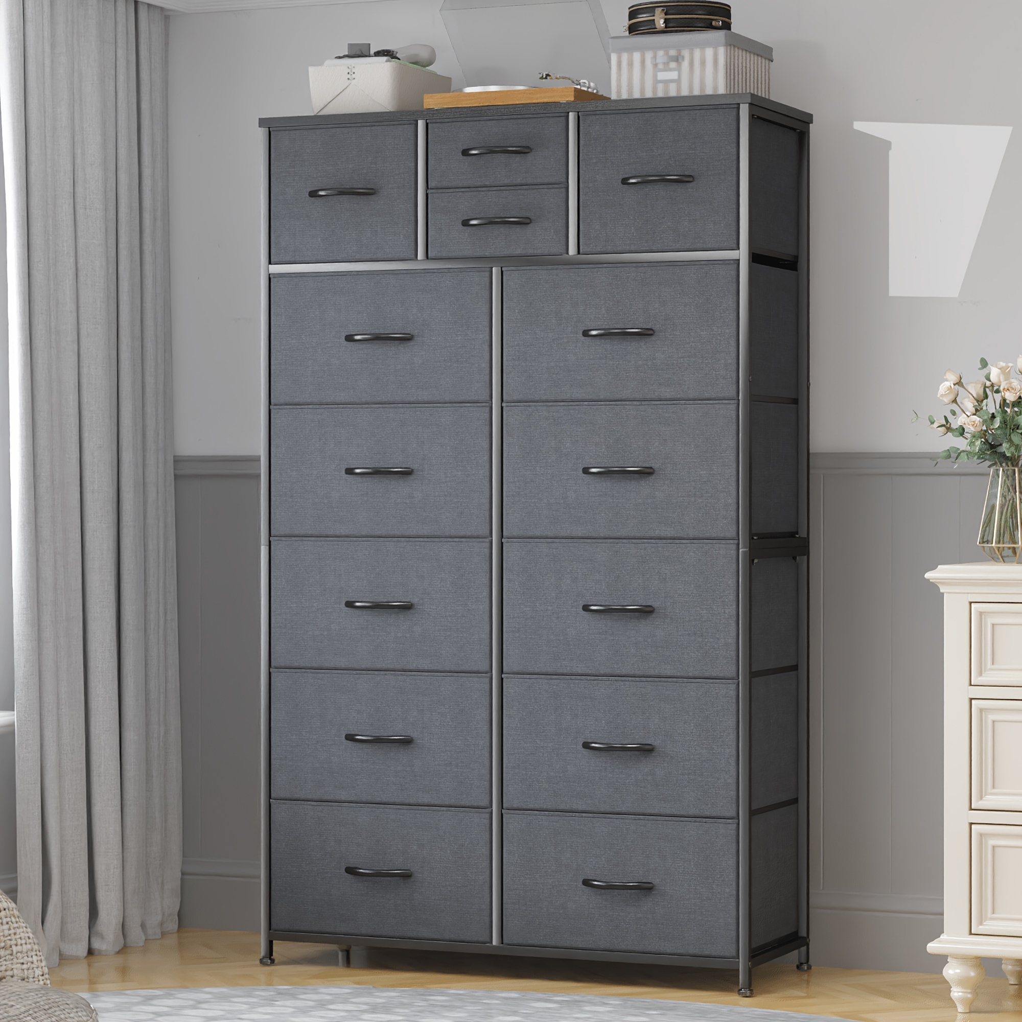 

14 Drawer Dresser, Tall Dressers & Chest Of Drawers, Fabric Dresser, Large Bedroom Dresser For Bedroom, Closets, Living Room, Entryway, Wooden Top, Metal Frame, 52.2"h X 37.4"w X 11.8"d, Grey