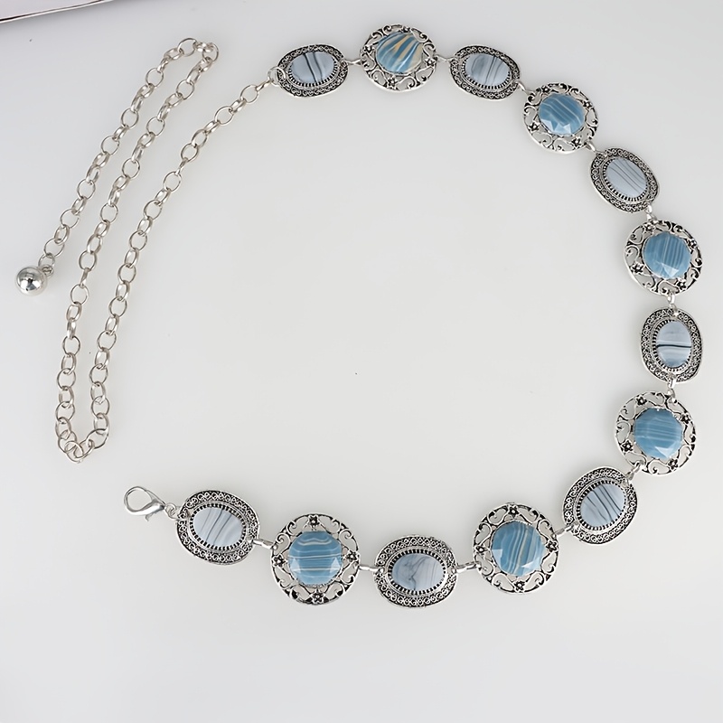 TEMU Cintura in pietra con pizzo blu di corte in stile francese e catena, ornamento regolabile per vita e corpo con intagli traforati , accessorio