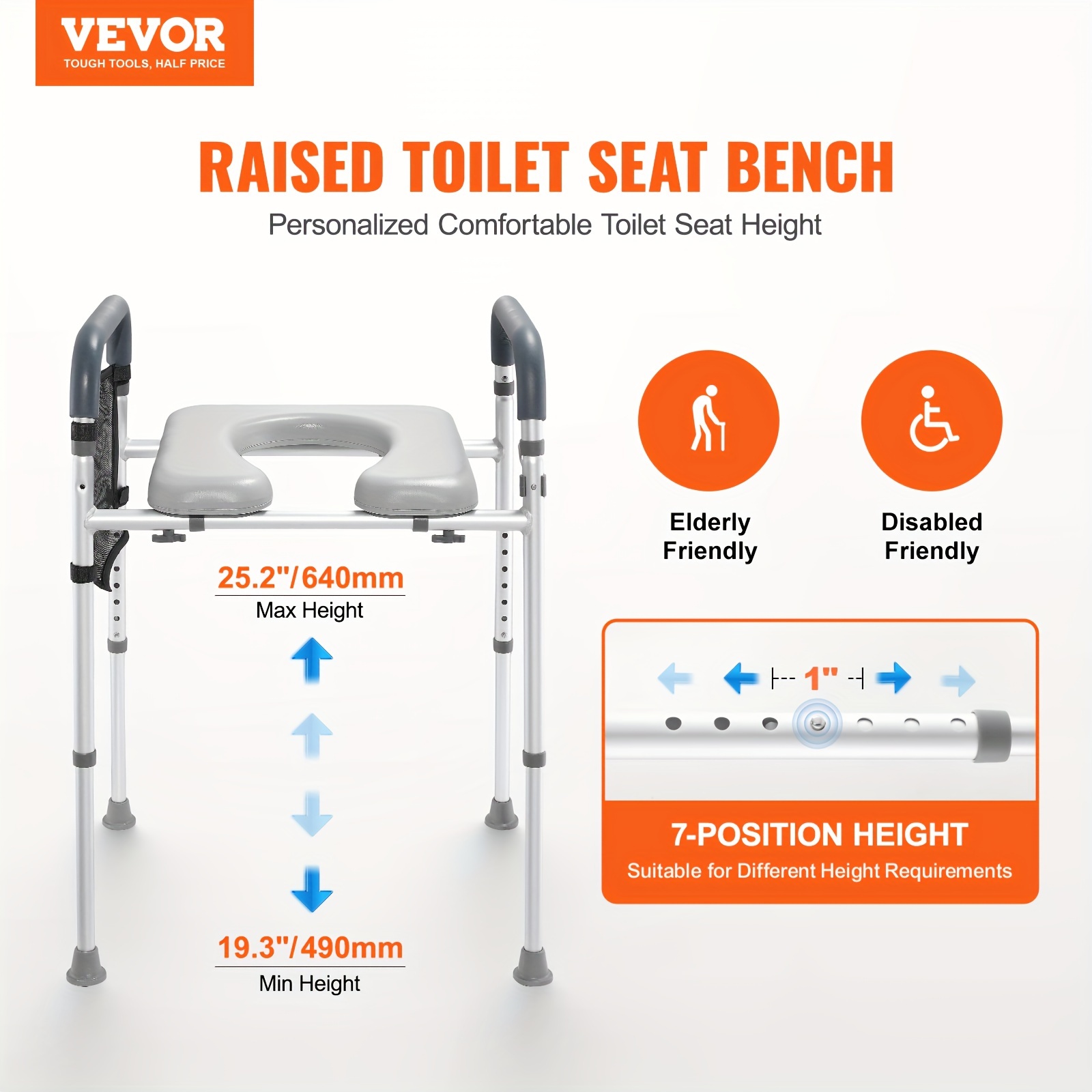 VEVOR Raised Toilet Seat with 7-Position Height Adjustment (49.02cm-64.01cm), 158.76KG Weight Capacity, Comfort Padded Aluminum Frame - Toilet Riser for Elderly, Handicap, Pregnant & Medical Needs, Functional Bathroom Gear | Sturdy Support Rails