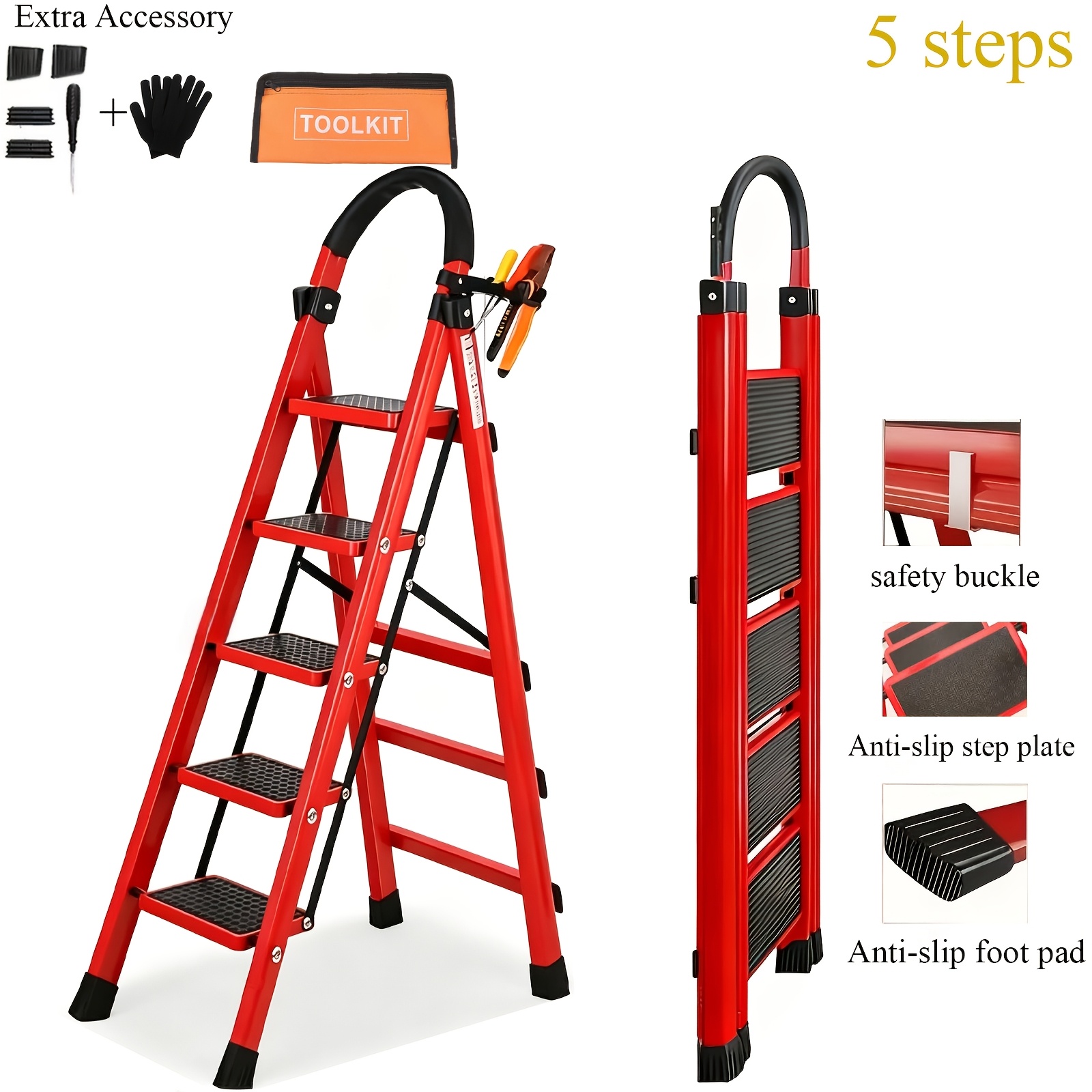 TEMU Folding Ladder, 2/3/4/5-step Ladder, Multi-functional Folding Step Ladder, Non-slip Design, Heavy-duty Metal Step Stool With Safety Latches,