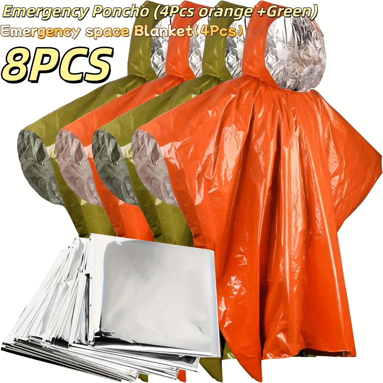 TEMU 8/12pcs Of Survival Equipment Set, Includes An Emergency Poncho And Blanket That Retains 92% Of Body Heat, Suitable For Outdoor Activities Like