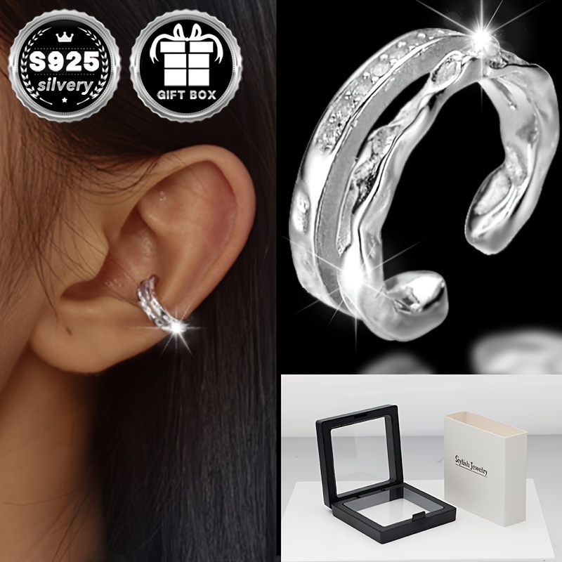 

1pc Women' Ear Classic Simple Irregular Texture Pattern No Piercing Ear Bone Clip 925 Silver Total Weight 1.5g Gift Box Packaging Good Gift For Daily Commuting, Parties And Banquets