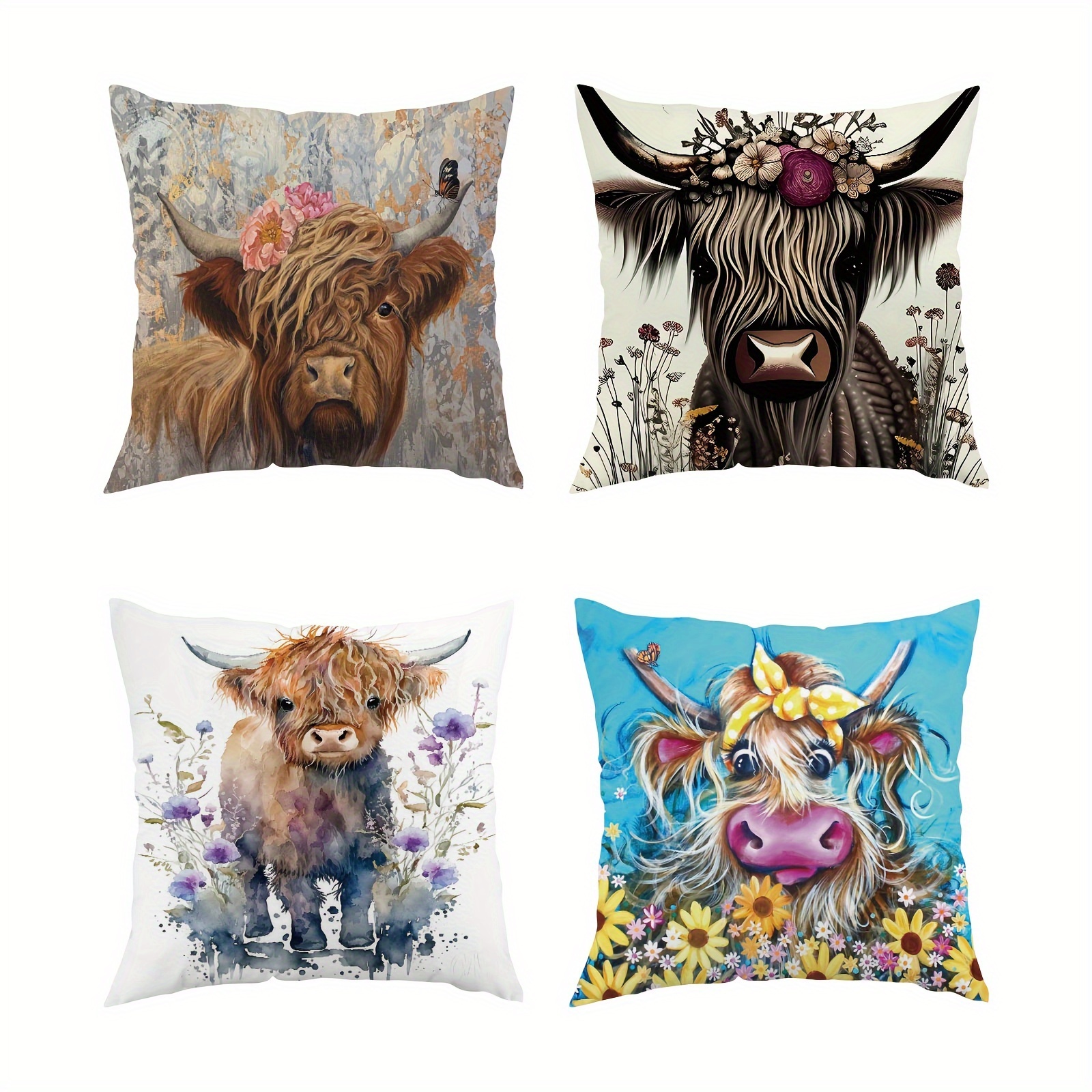 

Highland Cow Floral Throw Pillow Cover, 18x18 Inches - Zippered, Single-sided Print, Allergy-friendly Polyester, Living Room Sofa Decor