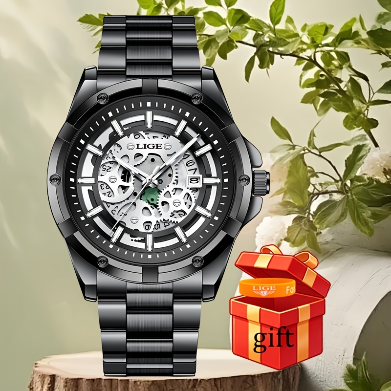 Image of 2026 Lige Retro Fashion Men's Watch Business Hollow Dial Watch Men's Watch, With Strap, Men's Watch Set