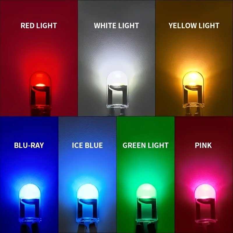 10pcs New 2023 W5W T10 LED Car Interior Bulb 12V Acrylic 6000K 7 Color Wedge Dome Indicator Reading Light Bulbs - Multipurpose