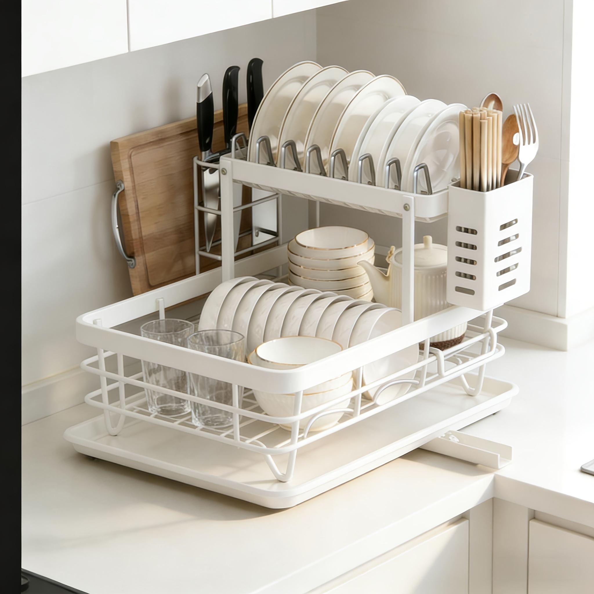 Double Layer Kitchen Countertop Drain Rack, With Drain Tray And Drain Mat, Dish Rack With Cutlery Holder, Rotating Drain, Kitchen Countertop Drain Board, (black, White)