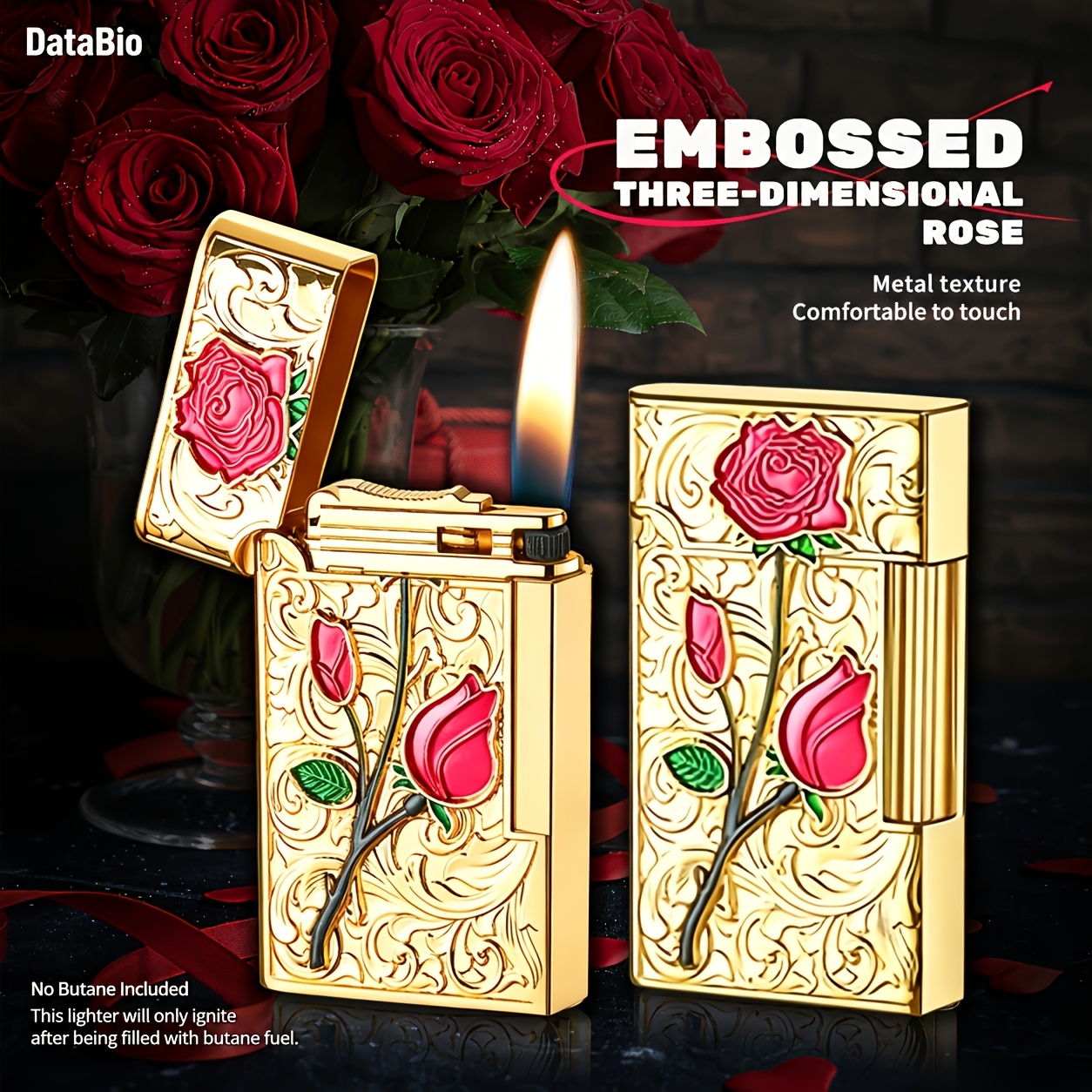 TEMU (no Butane) Embossed Rose Kerosene Lighter Reusable, , Flip Windproof Lighter, Suitable For Collection, Candle, Valentine's Day Gift For Men And