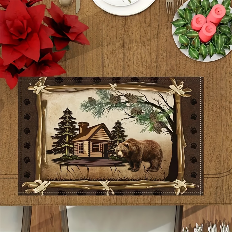 

Set Of 4/6 Placemats, Jungle Wildlife Bear Table Mats, Outdoor Adventure Cabin Table Placemats, Rustic Farmhouse Wildlife Placemats, 12..5 Inches