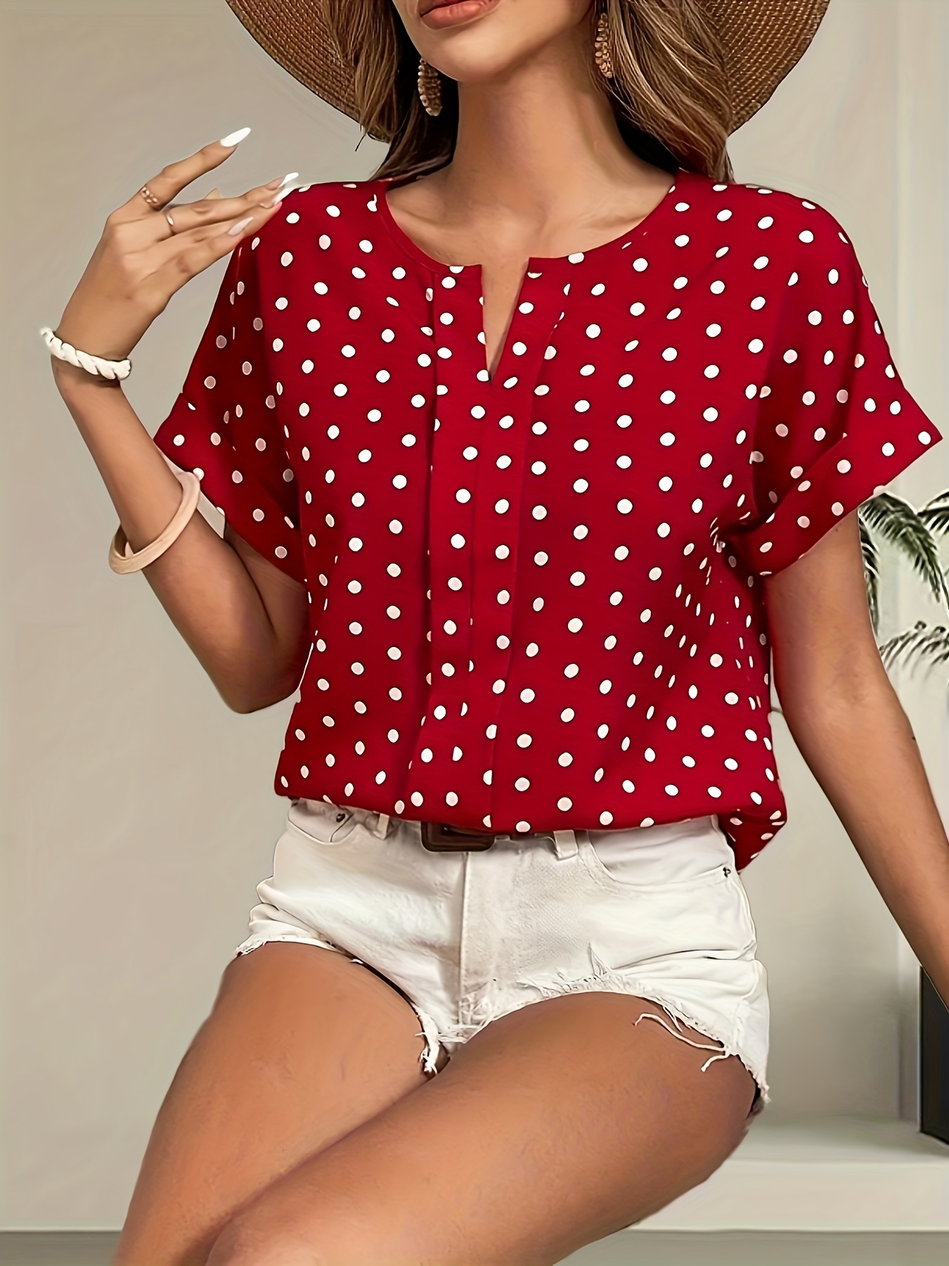 plus size women's plus size elegant blouse red white polka Temu