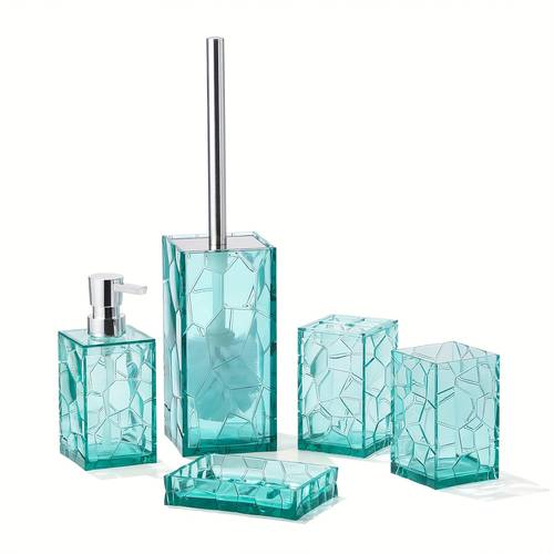 5pcs modern clear acrylic bathroom set transparent teal blue rust resistant plastic toilet brush soap dispenser toothbrush holder cup dish minimalist contemporary bath accessories for small or large bathrooms