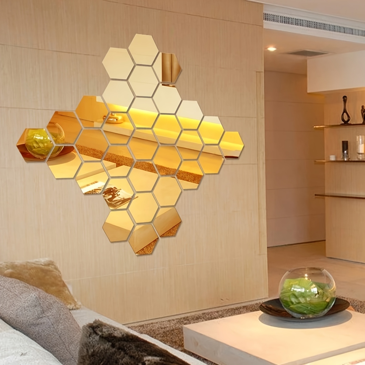 48 piezas, Adhesivos de pared hexagonales de espejo acrílico - Autoadhesivos, Espejos decorativos 3D, Dorados y plateados, Adecuados para la renovación de habitaciones, Decoración moderna de pared de fondo para el hogar