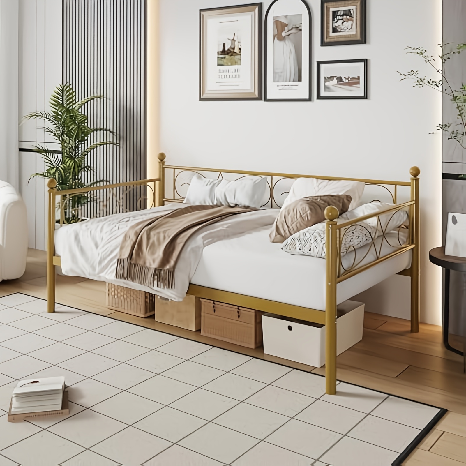 Twin Size Daybed Frame, Metal Frame For Sofa Bed, Heavy Duty Metal Slats, Daybed Frame For Living Room, Bedroom, , Space Saving, Golden(only Includes Bed Frame, Not Mattress)
