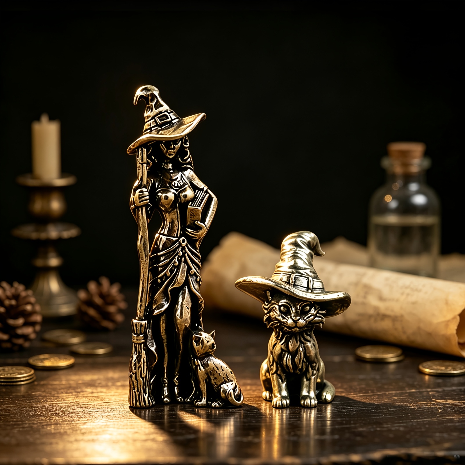 TEMU 2pcs Vintage Brass Statues Ornaments - And Figurines Collectible Figurine - Magical Cat Beautiful Wizard Desktop Decoration - Ideal Gift, For