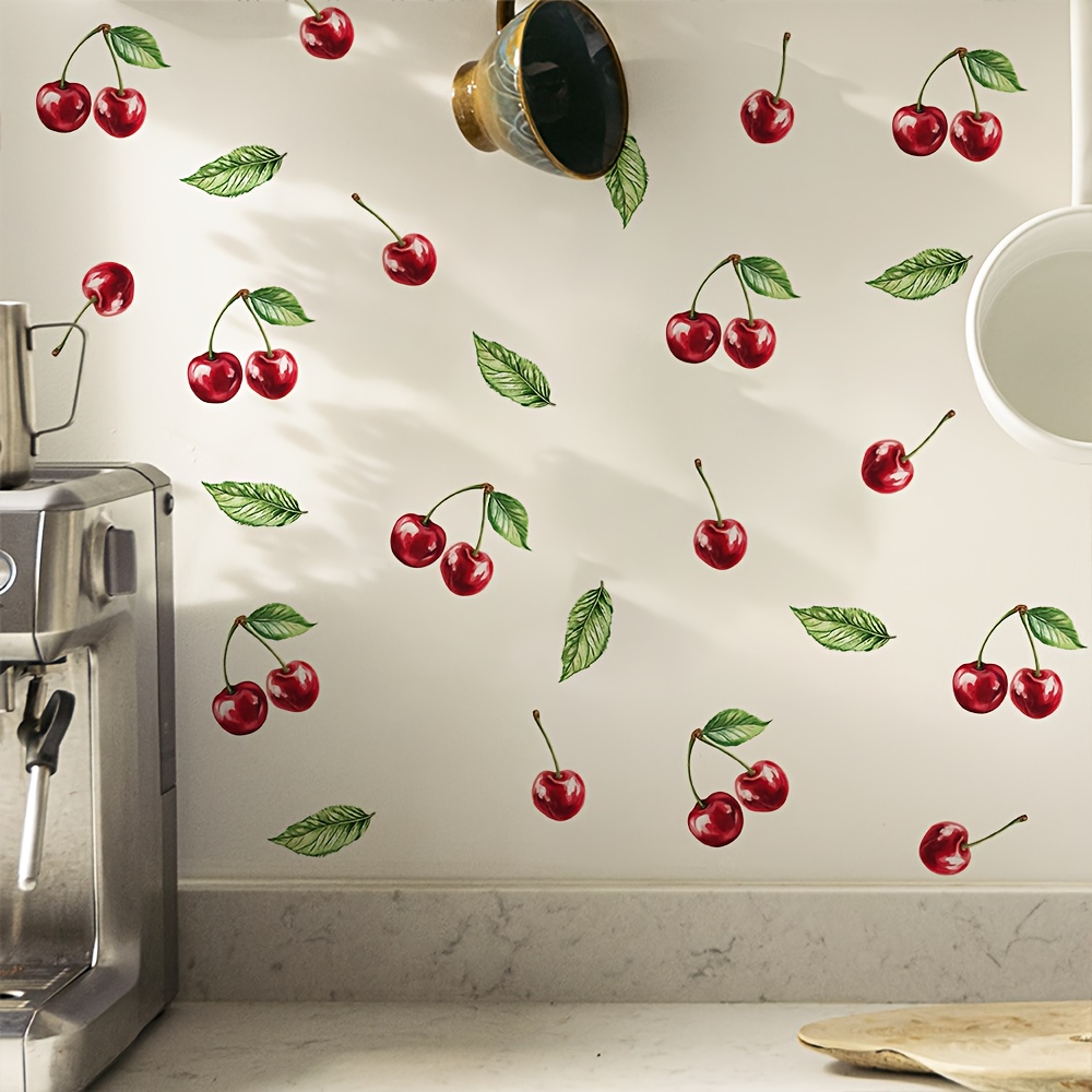 

4-pack Cherry Wall Decals, Removable Waterproof Pvc Stickers, Self-adhesive Fruit Decor For Walls, Doors, Cabinets, And Windows, Reusable Irregular Shape For Plastic, Glass, Metal, Ceramic