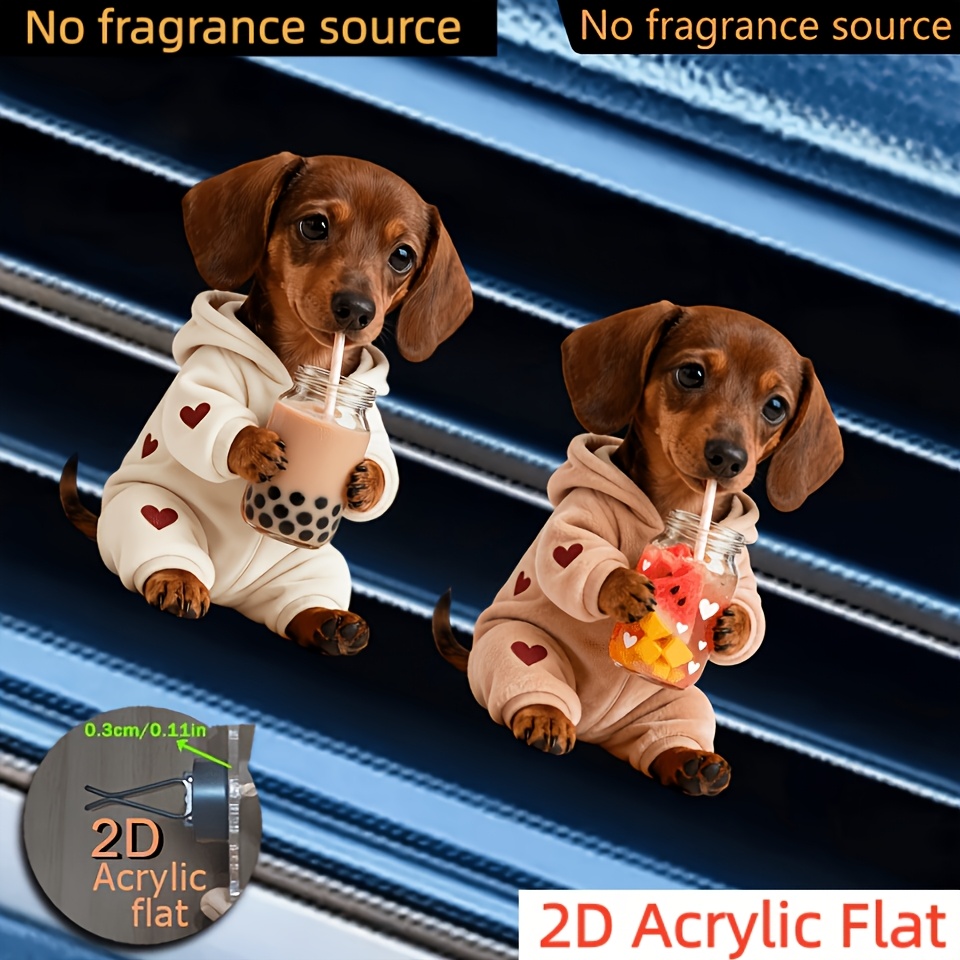 TEMU 2d Flat, 2pcs 2d Flat Acrylic Car Vent Clips Suitable For Car Vents, Cute Dachshund In Hoodie Drinking Milk Tea Decor With Unscented Diffuser &
