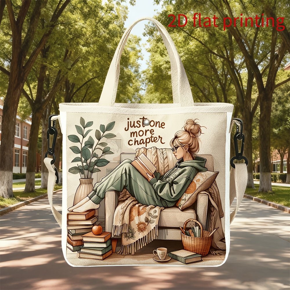 TEMU 1pc Women's Book-themed " More " Tote Bag - Durable Shoulder/crossbody Bag With Book Print, Reusable Suitable For Commuting, Shopping & Gifts,