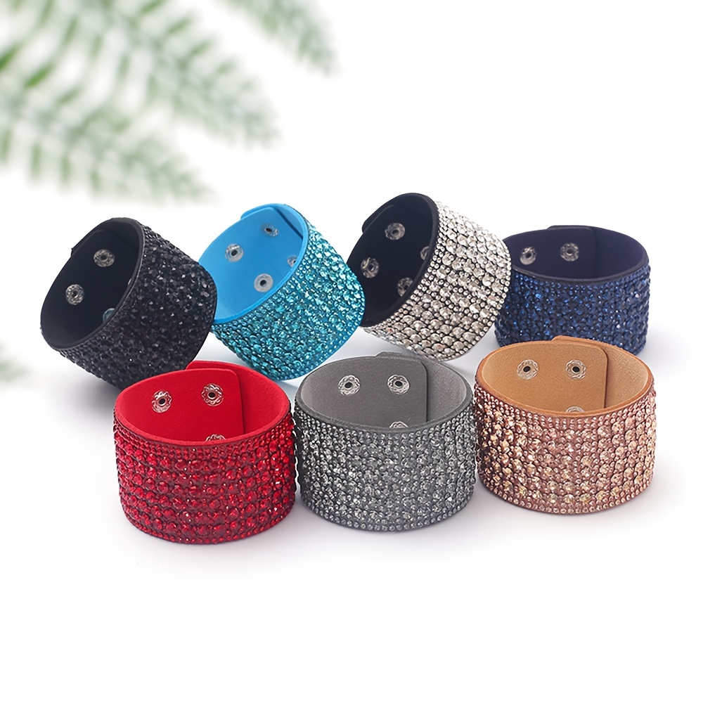 

1pc Bohemian Style Rhinestone Fleece Cloth Hot Glue Wide Bracelet, Punk Style Nylon Mosaic Material For Daily Wedding Occasion, Gift