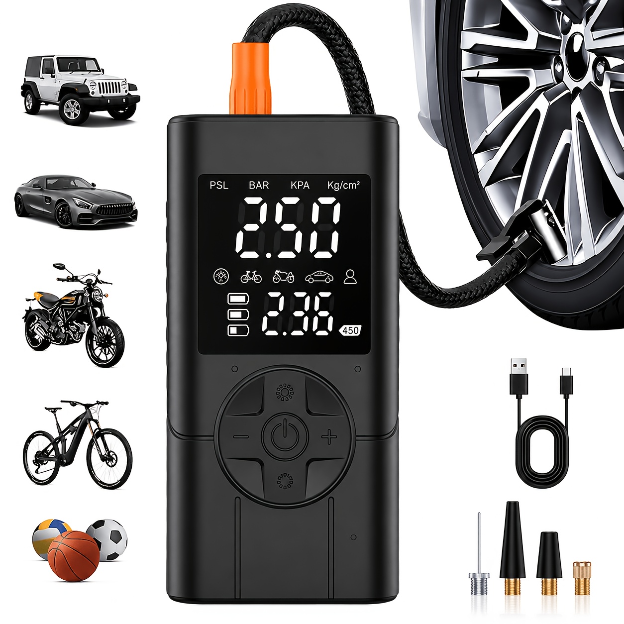 TEMU 6000mah Portable Cordless Tire Inflator With Digital Pressure Gauge & - Power - Fast One-button Air Compressor Pump Suitable For Cars,