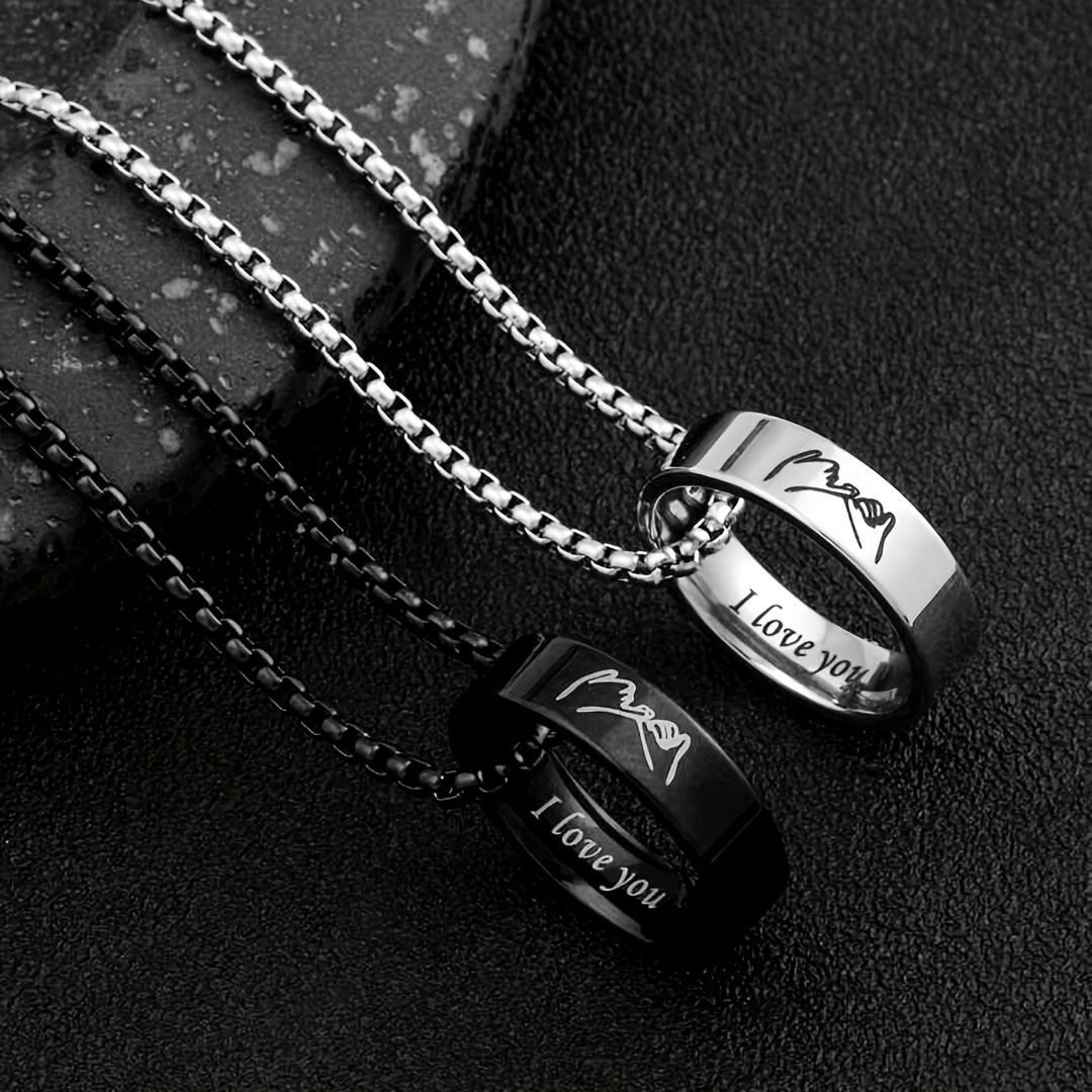 TEMU 2pcs Ring Pendant Couple Necklace, 201 201 Stainless Steel Necklace And Ring Cute Love Cartoon Pattern Couple Necklace, Suitable For Daily Wear