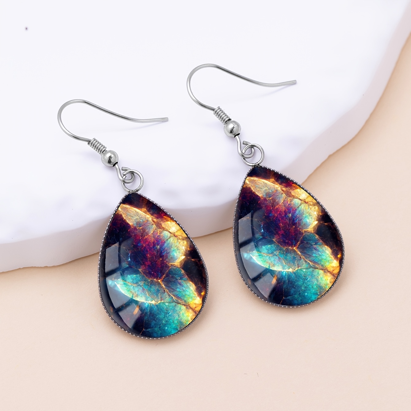Women's Iridescent Teardrop Earrings with Mineral Pattern