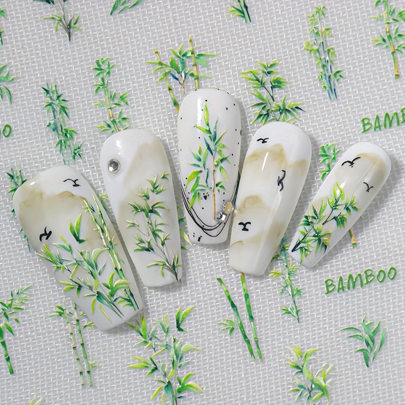 Image of 1 Chinese Style Green Leaf And Bamboo Nail Art Sticker, With A Summer Plant Style And Bamboo, Symbolizing And Suitable For Personal Diy Use