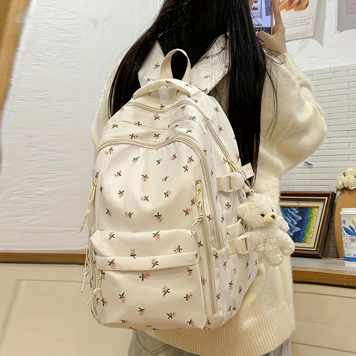 fashion printed rose ladies backpack multi compartment and pockets thick and sturdy student backpack with teddy bear pendant decoration large capacity details 9