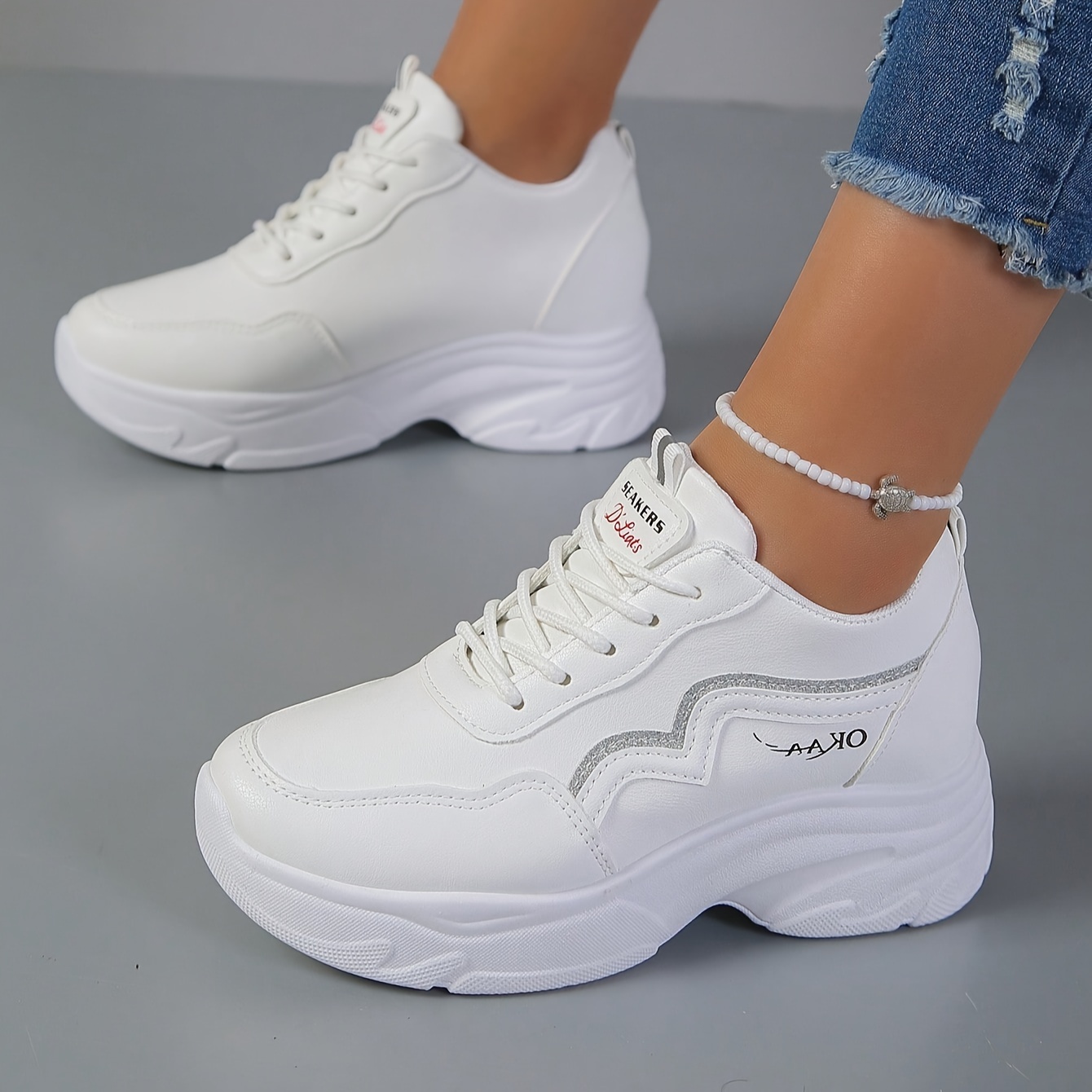 

Women' White Slip-on Sneakers With Platform - Lace-up, Round Toe, Casual Shoes