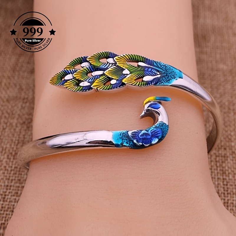 

Full Peacock Sterling Silver Bracelet Female Opening Enamel Color Solid Gift For Girlfriend And Wife Silver Weight 20 G/0.77 Oz.