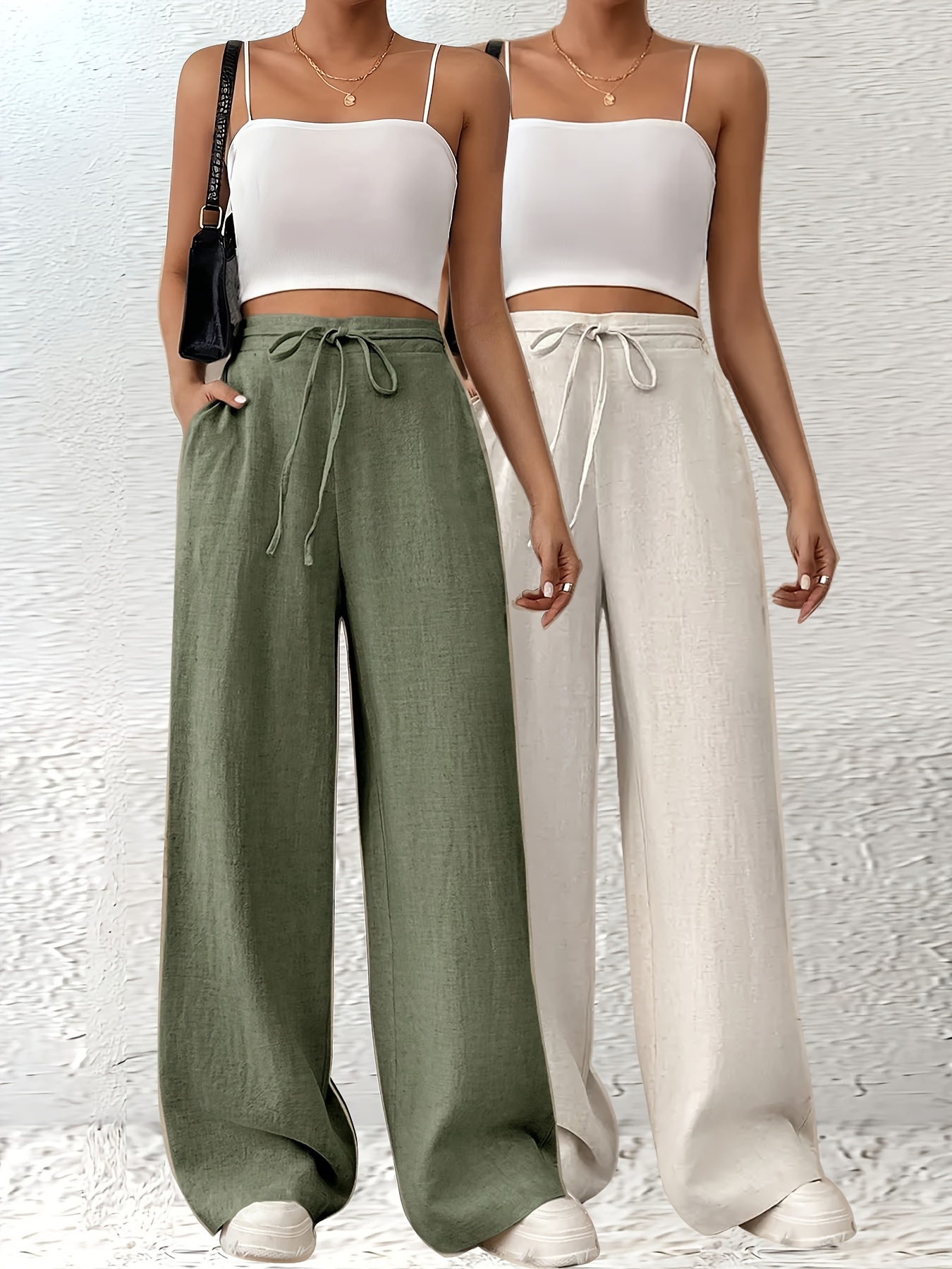 2pcs womens straight leg wide leg pants with pockets comfortable elastic waist drawstring solid color   casual formal wear high waist design for a slimmer figure versatile clothing elegant style smooth texture fabric