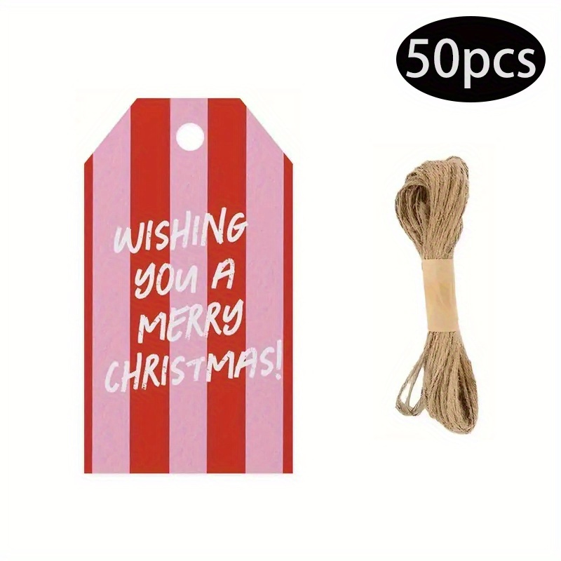 Image of 50pcs Of Gift Tag Cards That Say 'merry Christmas', Featuring A Pink And Red Striped Design With Twine - Perfect For Holiday Gifts, Party Favors, And Creative Wrapping, Christmas Gift Tag Cards