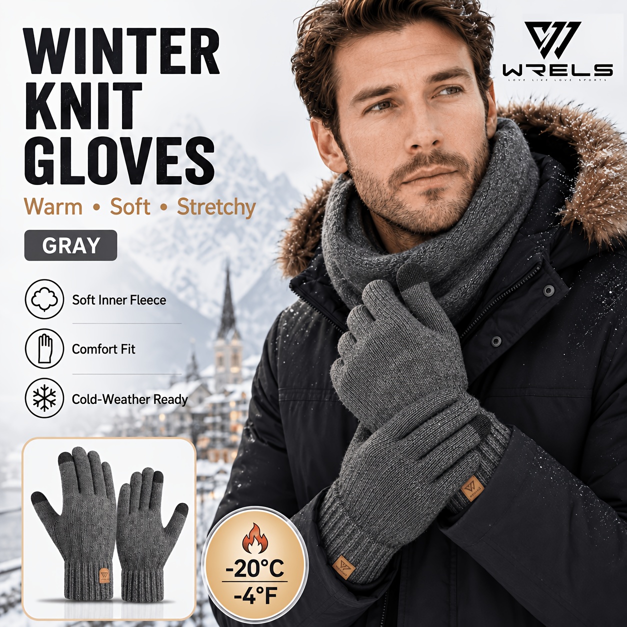 TEMU Wrels Men's Winter Gloves, Warm Fleece Lined Knitted Gloves, Soft Stretchy Thermal Gloves For Cold Weather, Comfortable Ribbed Cuff Outdoor