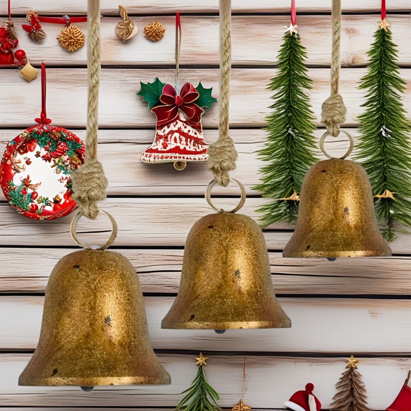 Ensemble De 3 Cloches Décoratives Dorées Rustiques - Avec Corde, Pour Décoration De Noël (arbre, Porte, Intérieur) - 3