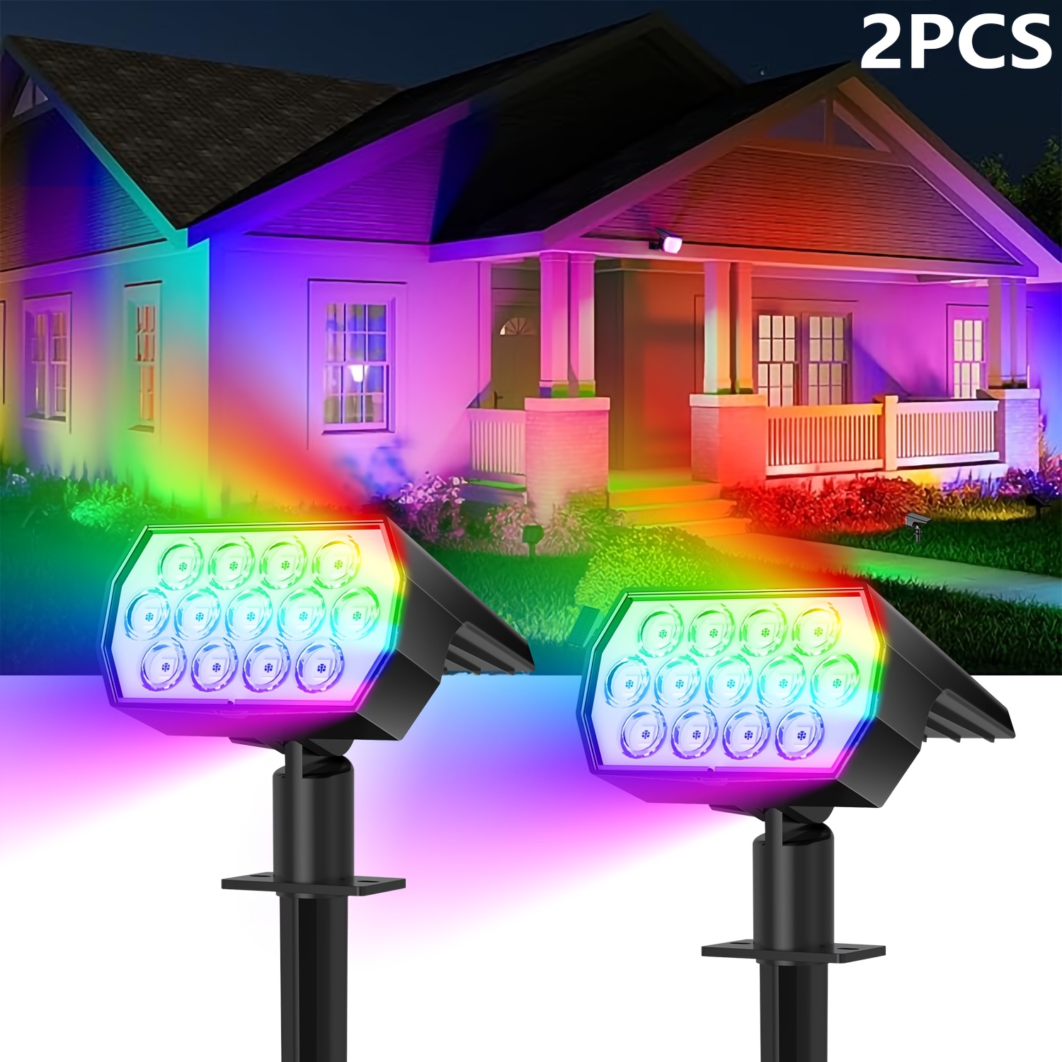 TEMU 2pcs Solar Color Changing Lights Outdoor, 7 Color Modes Landscape Spotlights, Dusk To Dawn Solar Powered Spot Lights For Outside, Solar Garden