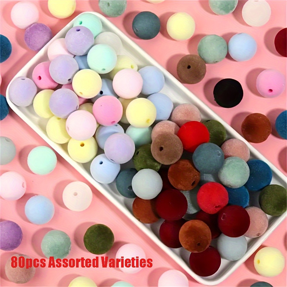

80pcs 16mm Mixed Acrylic Flocking Beads For Jewelry Making, Pom Poms And Fabric Spacer Beads For Diy Keychain Craft Making
