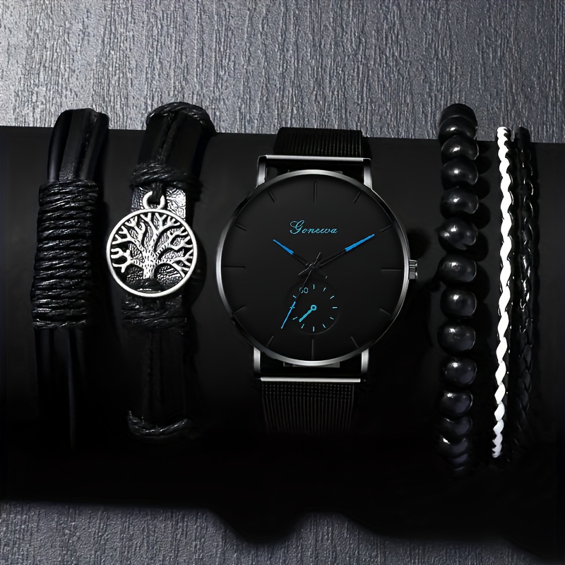 Image of 5pcs Set, Stylish And Cool Quartz Watch And Fashion Additions Set - Round Dial, Alloy Case, Silicone Strap - Perfect Gift For Father's Day, Valentine's Day, Ramadan, Birthday, - Suitable For Occasions