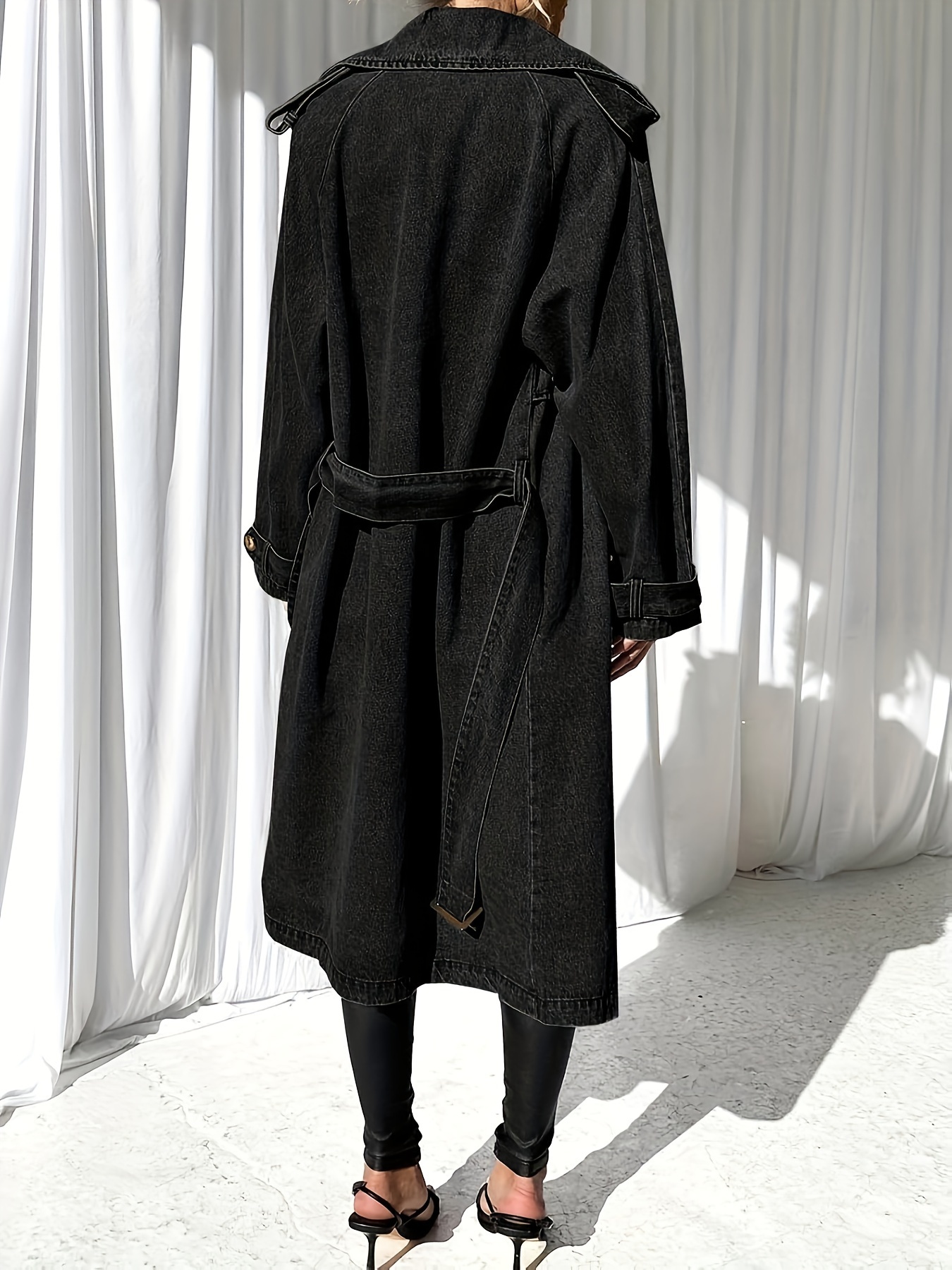 womens long double breasted denim jacket oversized button - Temu