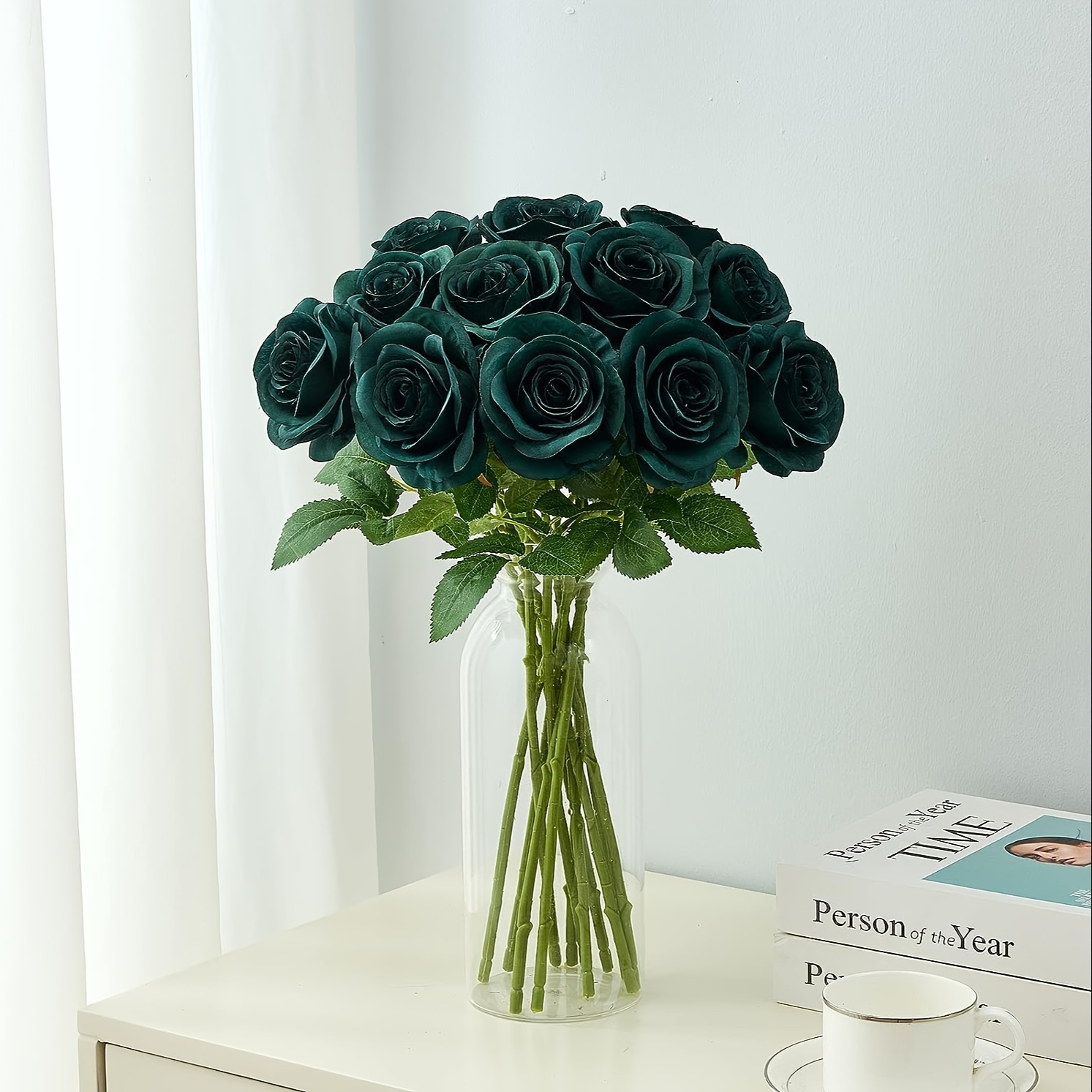 

8pcs Simulation Rose Flower Round Rose Peacock Green