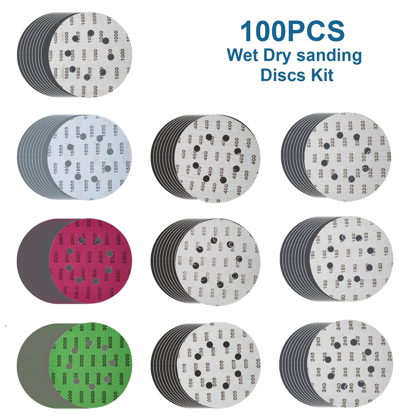 TEMU 100pcs Of 5-inch Sandpaper, Grit Range From 180 To 3000, Suitable For Polishing Glass, Stone, And Metal, Wet And Dry Polishing, 8-hole Design