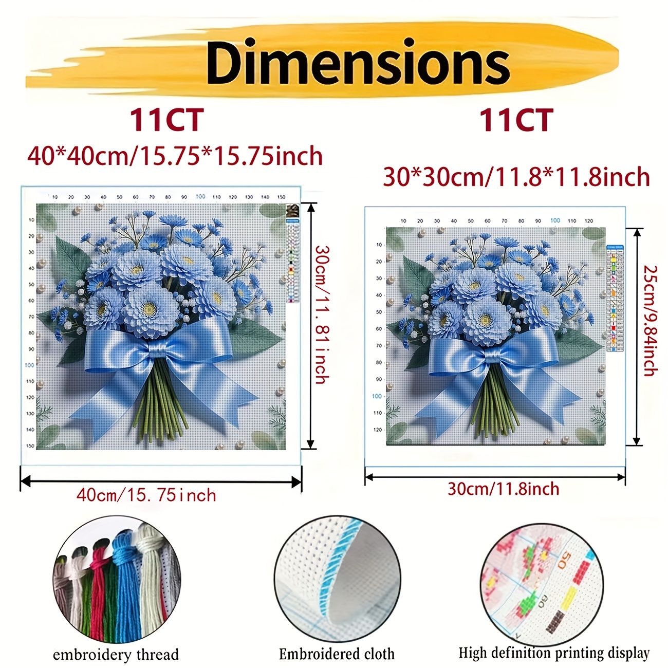 DIY Printed Cross Stitch Kit, Blue Flower Bouquet Pattern for Beginners