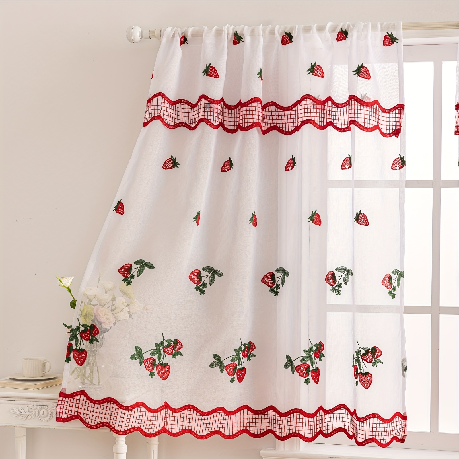 

2pcs Packaged Embroidered Valance Short Curtains Trolley Pocket Window Curtains Integrated Curtain Design Embroidered Fruit Pattern Curtains Living Room Study Balcony Home Decoration