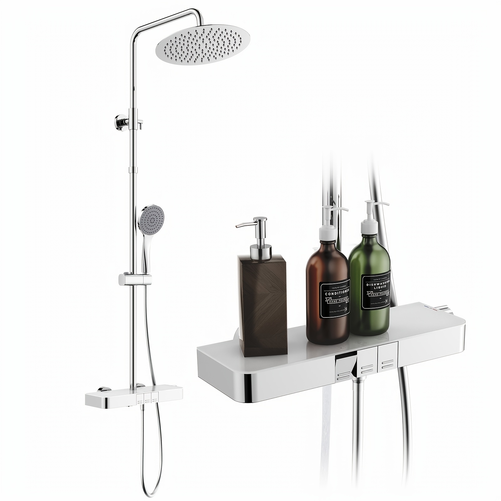 Shower System With Thermostat, Shelf And Hand Shower, 12" Rain Shower Head.