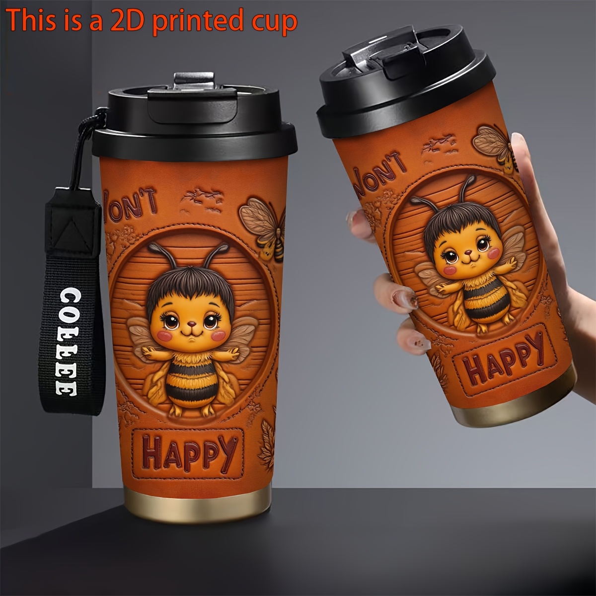 Artikelbild  . 18oz isolierbecher aus edelstahl, 2d-druck mit bienen- schmetterlingsmuster, auslaufsicher, bürobecher, pendlerbecher,   valentinstagsgeschenk, geschenkideen für sie praktisches geschenk