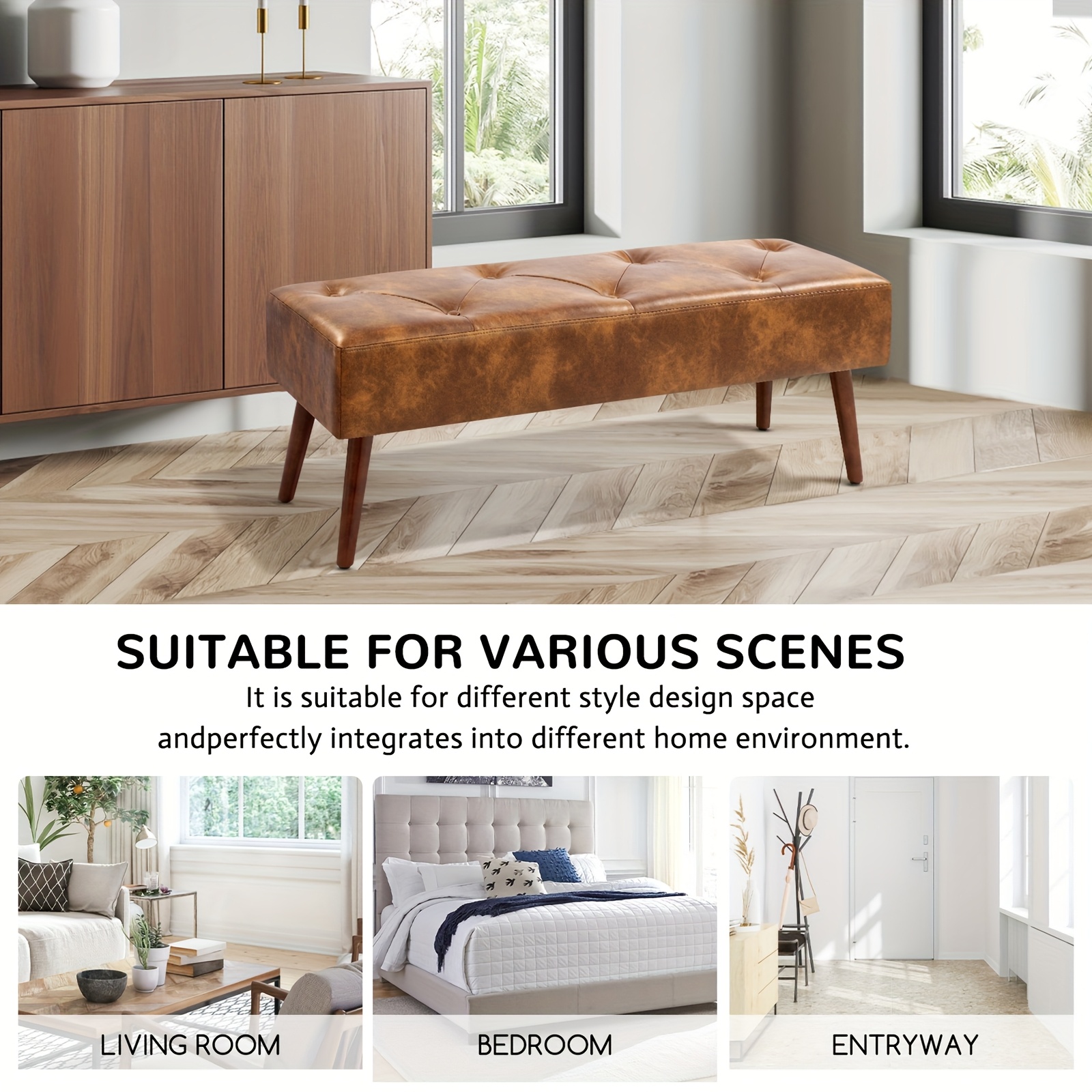 44-inch Brown Pu Bench, Bedroom Bench, Living Room Shoe Bench, Suitable for Multiple Scenes, Multiple Colors Available