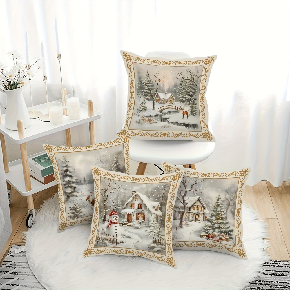 

4-pack Vintage Christmas Floral Short Plush Pillow Covers, 18x18inch/45x45cm, Polyester, Zippered, Machine Washable, , , Woven For Living Room, Bedroom, Office Decor